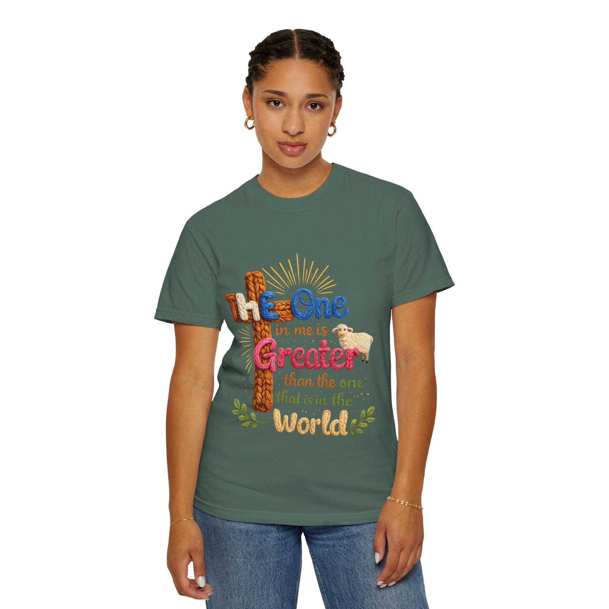 The One in Me Is Greater Shirt – Christian Crochet Style Graphic Tee, Faith Based Inspirational Bible Verse Shirt, Cute Religious Gift for Women