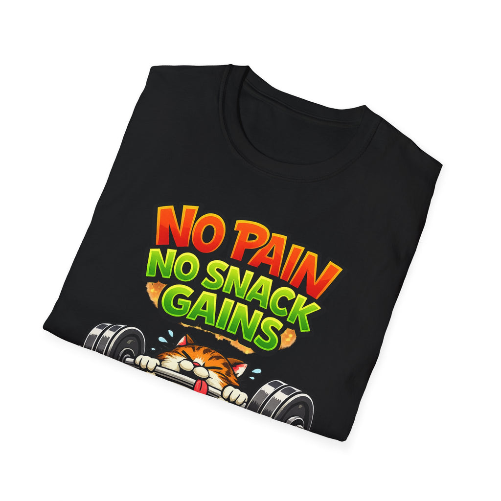 Funny Gym Cat Shirt, No Pain No Snack Gains Tee, Workout Motivation Shirt, Fitness Humor T-Shirt for Men & Women