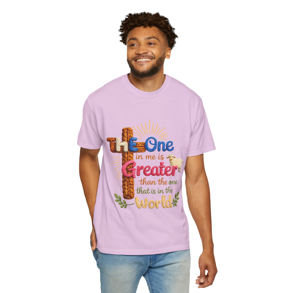 The One in Me Is Greater Shirt – Christian Crochet Style Graphic Tee, Faith Based Inspirational Bible Verse Shirt, Cute Religious Gift for Women