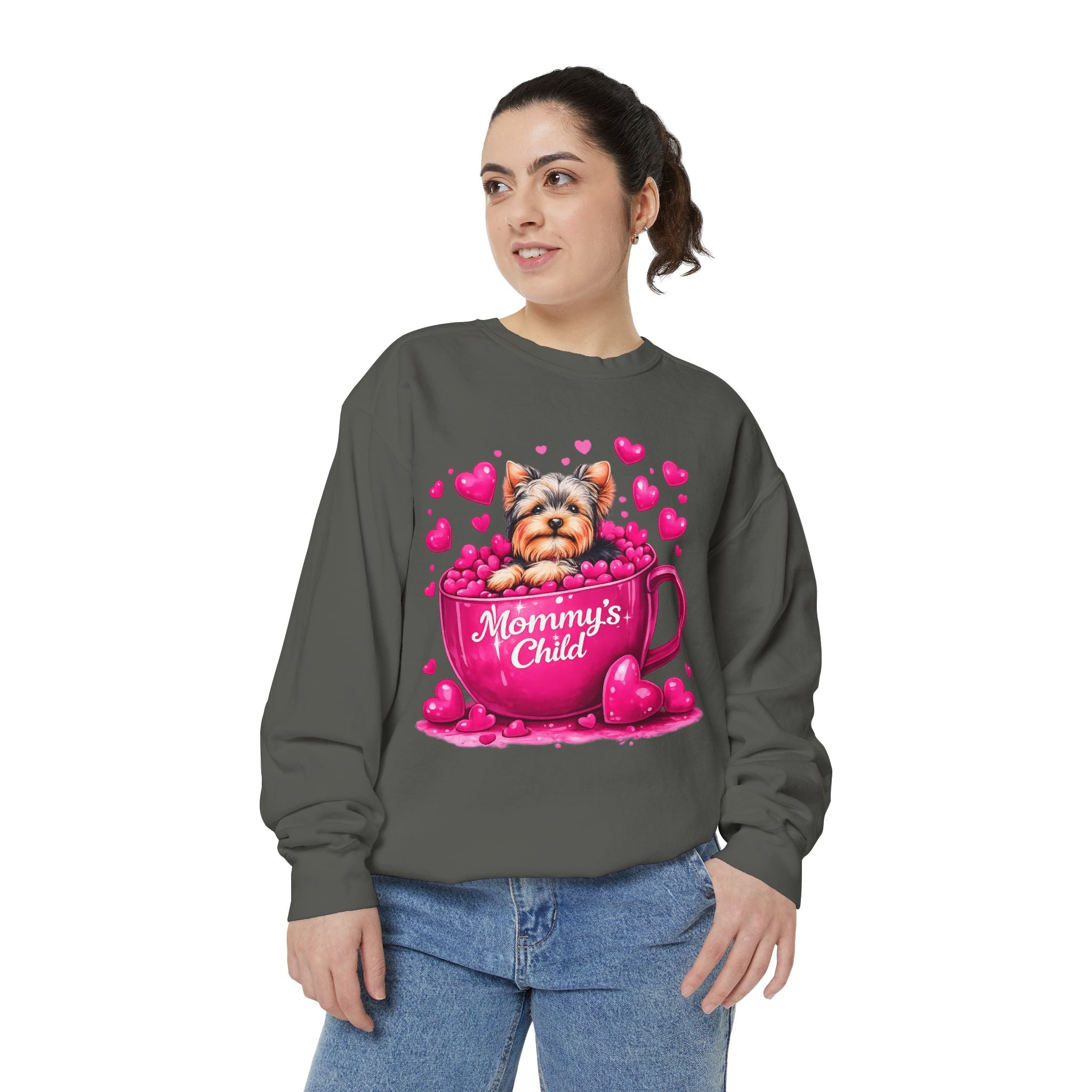 Mommy’s Child Yorkie Shirt – Cute Puppy in Mug Graphic Tee, Dog Lover Gift, Pink Heart Aesthetic, Yorkshire Terrier T-Shirt for Women