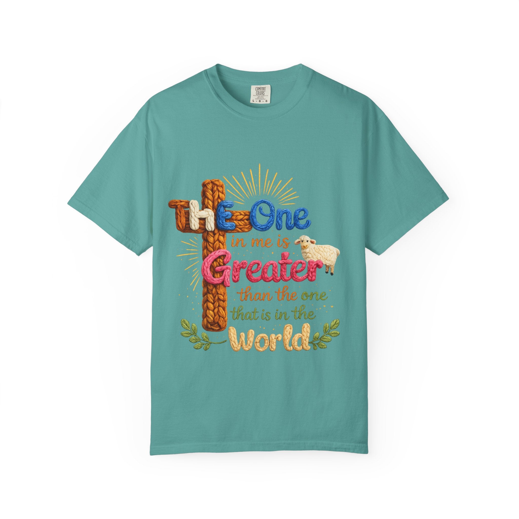 The One in Me Is Greater Shirt – Christian Crochet Style Graphic Tee, Faith Based Inspirational Bible Verse Shirt, Cute Religious Gift for Women