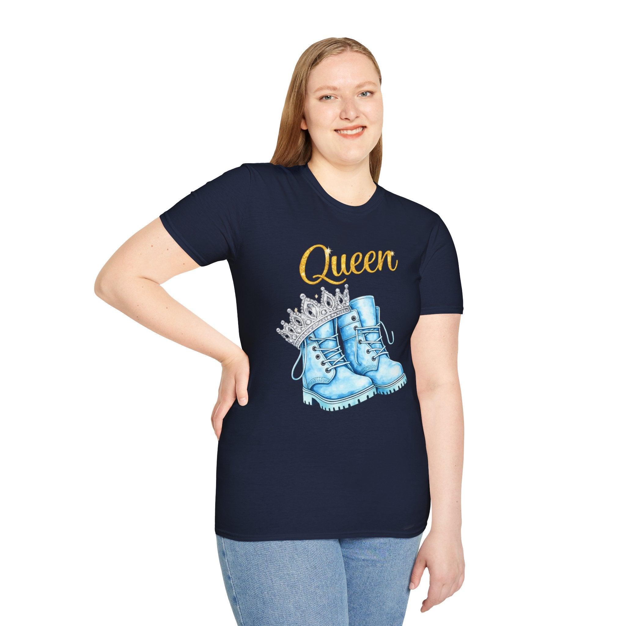 Queen Light Blue Boots Shirt – Pink Crown Graphic Tee, Cute Girly Streetwear, Fashion Queen Outfit, Trendy Women’s Statement T-Shirt