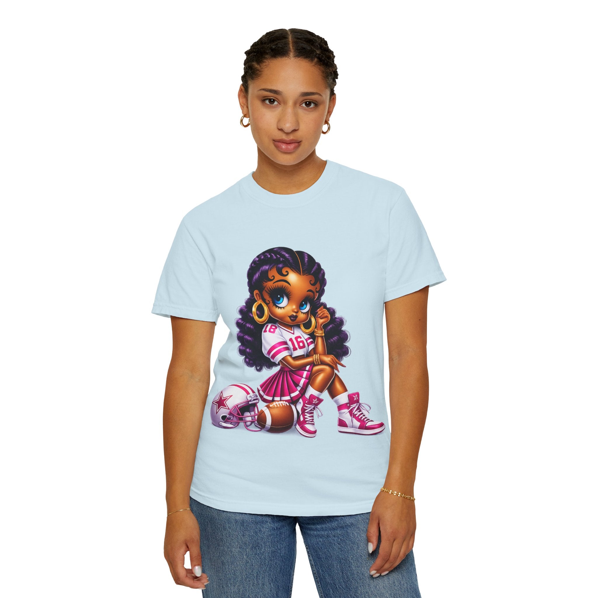 Fuchsia Football Girl Shirt – Cute Black Girl Sports Graphic Tee, Pink Cheerleader Outfit, Trendy Game Day Women’s Shirt, Girly Athlete T-Shirt