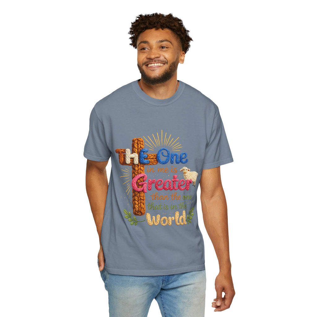 The One in Me Is Greater Shirt – Christian Crochet Style Graphic Tee, Faith Based Inspirational Bible Verse Shirt, Cute Religious Gift for Women