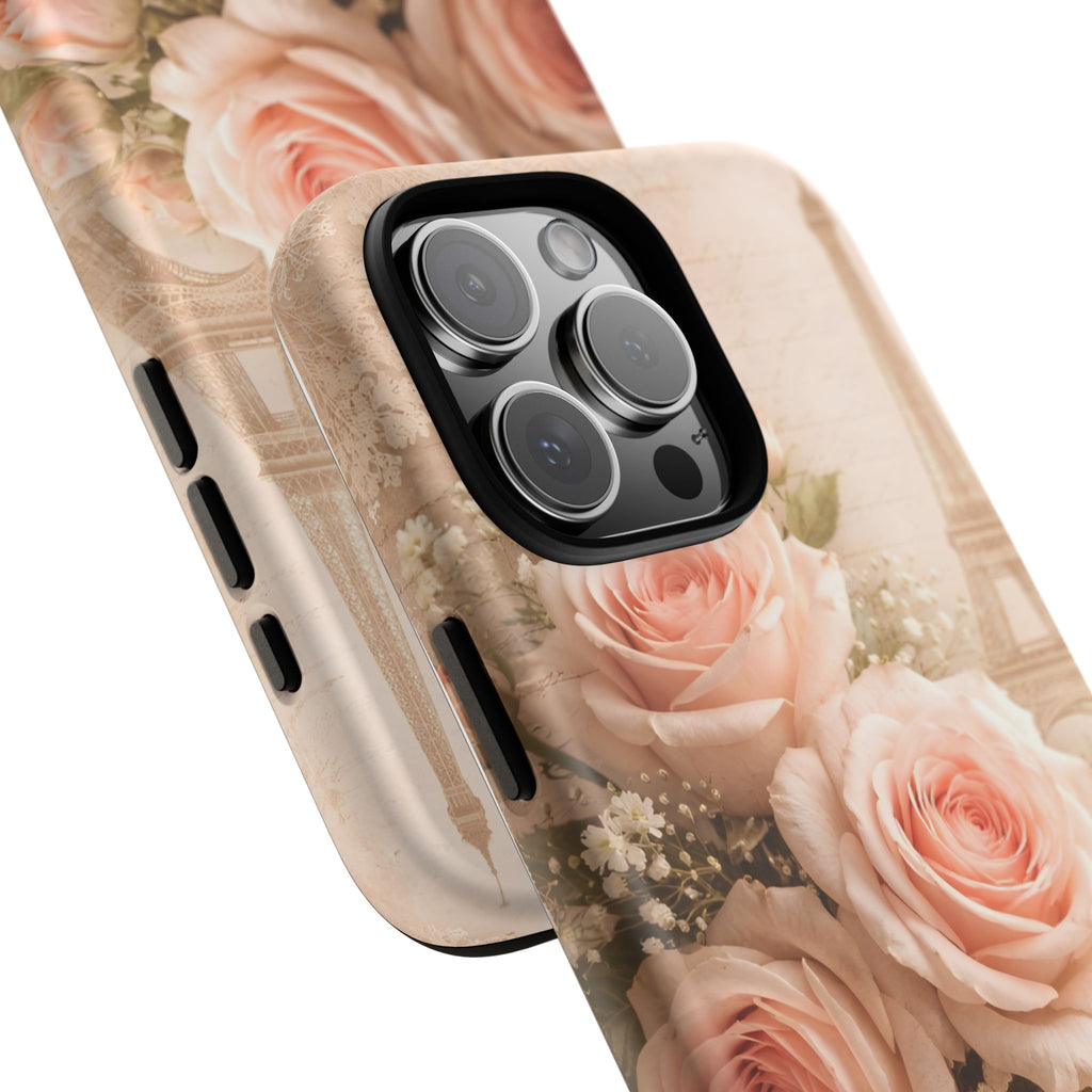 Vintage Parisian Rose Phone Case – Eiffel Tower Floral Aesthetic Luxury iPhone Case, Romantic Antique Paris Phone Cover