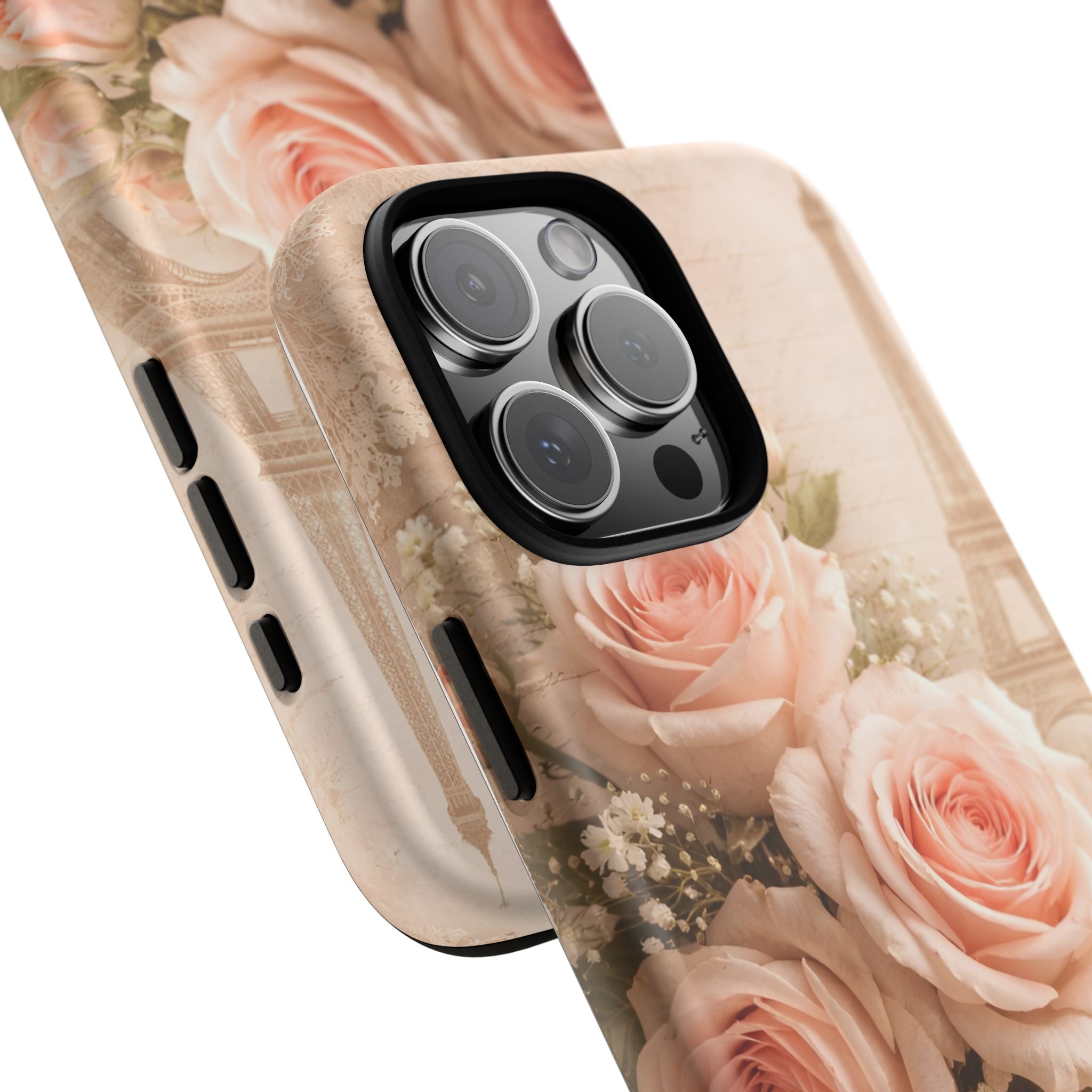 Vintage Parisian Rose Phone Case – Eiffel Tower Floral Aesthetic Luxury iPhone Case, Romantic Antique Paris Phone Cover