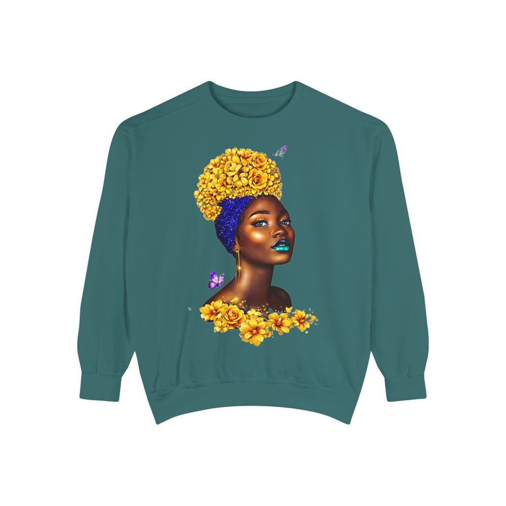 Floral Crown Afro Goddess Sweatshirt — Empowering Black Beauty Crewneck