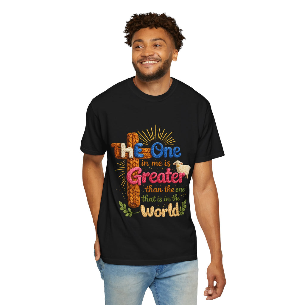 The One in Me Is Greater Shirt – Christian Crochet Style Graphic Tee, Faith Based Inspirational Bible Verse Shirt, Cute Religious Gift for Women