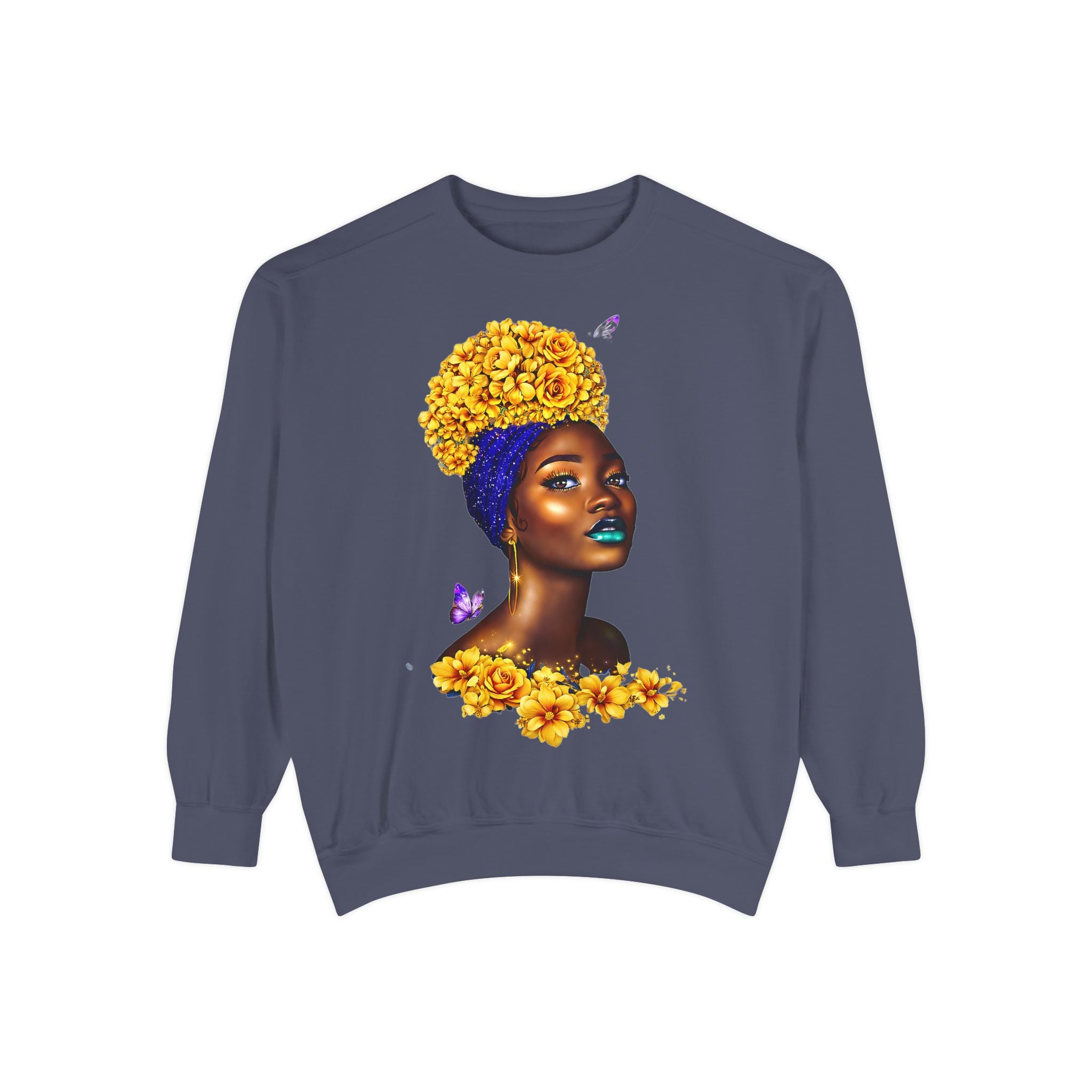 Floral Crown Afro Goddess Sweatshirt — Empowering Black Beauty Crewneck