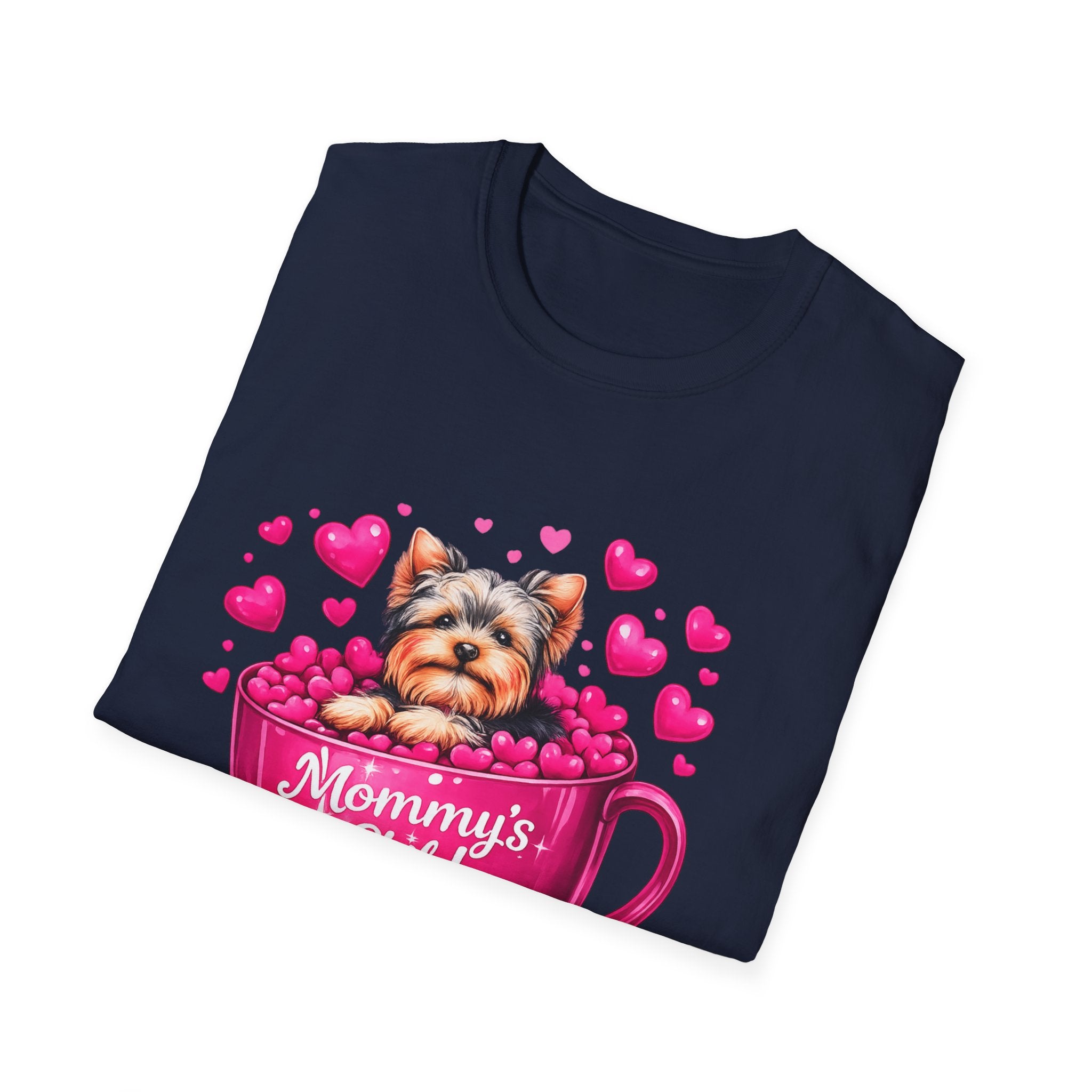 Mommy’s Child Yorkie Shirt – Cute Puppy in Mug Graphic Tee, Dog Lover Gift, Pink Heart Aesthetic, Yorkshire Terrier T-Shirt for Women