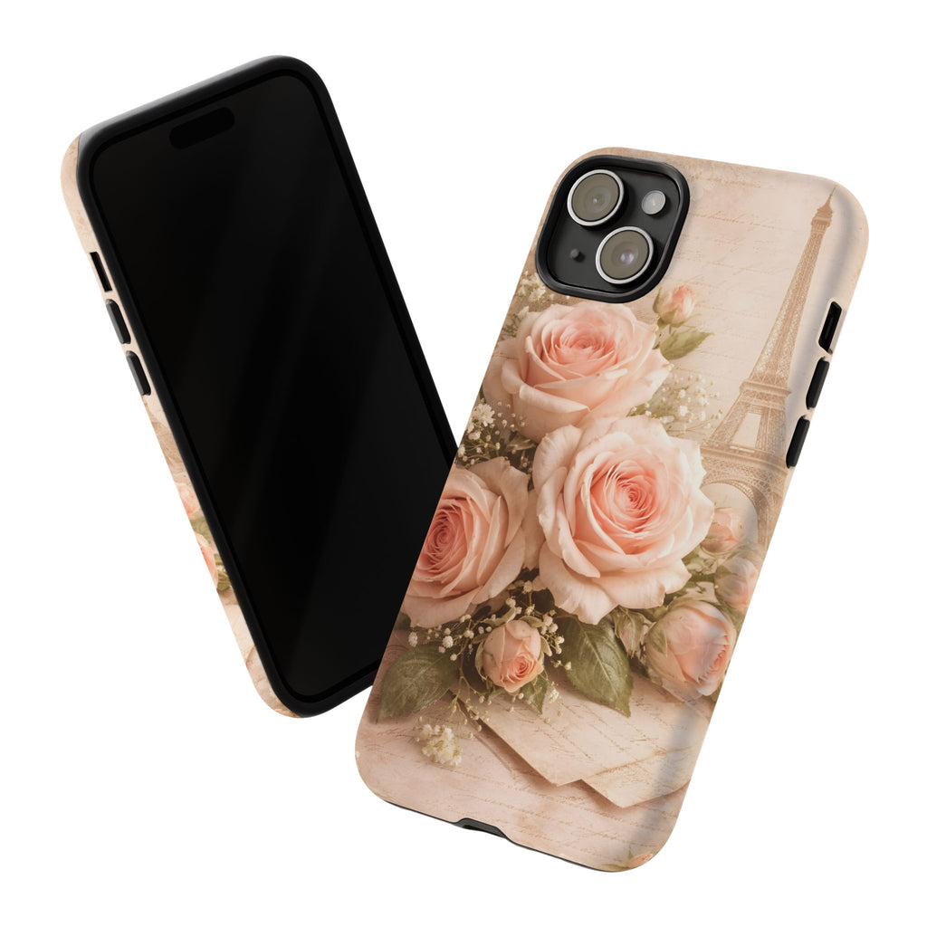 Vintage Parisian Rose Phone Case – Eiffel Tower Floral Aesthetic Luxury iPhone Case, Romantic Antique Paris Phone Cover
