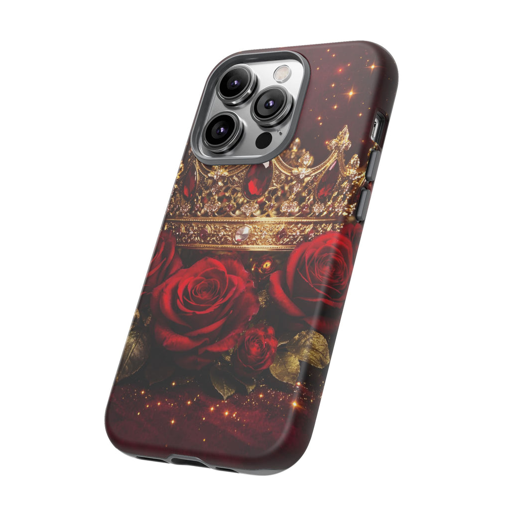 Royal Crown & Red Rose Luxury Phone Case – Gold Crown Burgundy Aesthetic iPhone Case, Regal Queen Floral Phone Cover