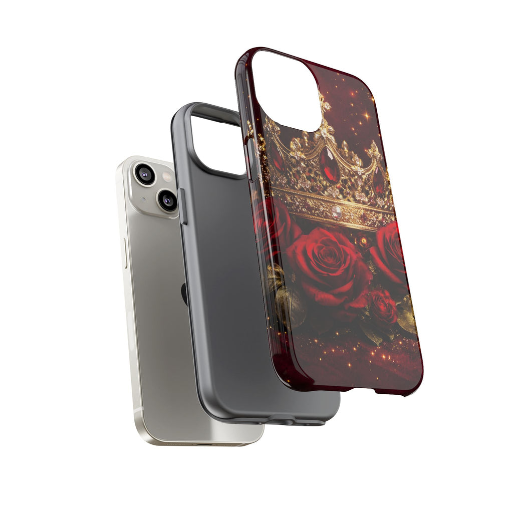 Royal Crown & Red Rose Luxury Phone Case – Gold Crown Burgundy Aesthetic iPhone Case, Regal Queen Floral Phone Cover