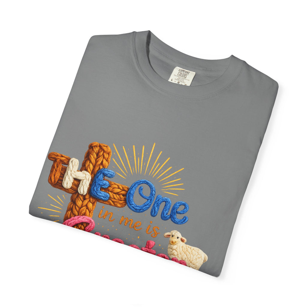 The One in Me Is Greater Shirt – Christian Crochet Style Graphic Tee, Faith Based Inspirational Bible Verse Shirt, Cute Religious Gift for Women