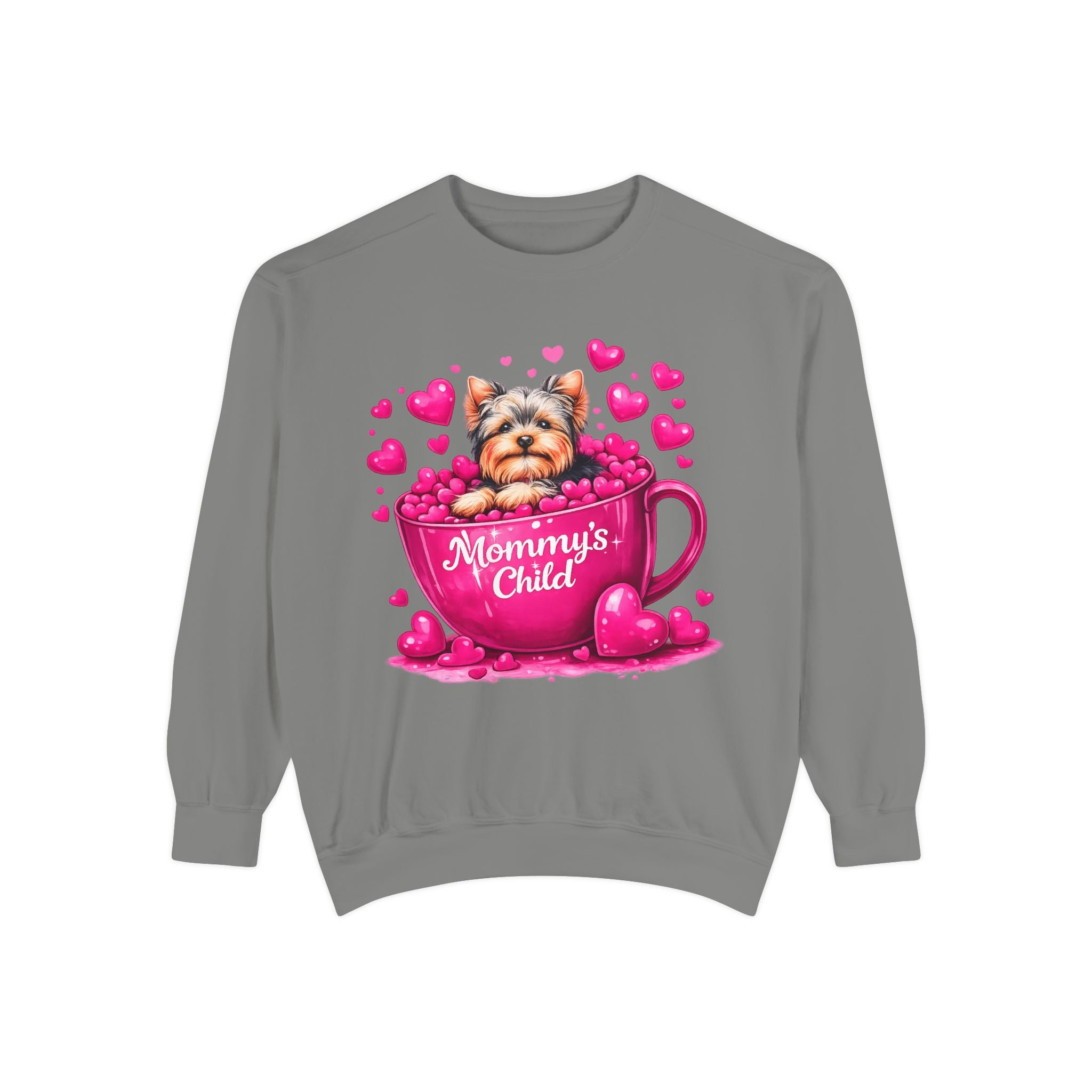 Mommy’s Child Yorkie Shirt – Cute Puppy in Mug Graphic Tee, Dog Lover Gift, Pink Heart Aesthetic, Yorkshire Terrier T-Shirt for Women