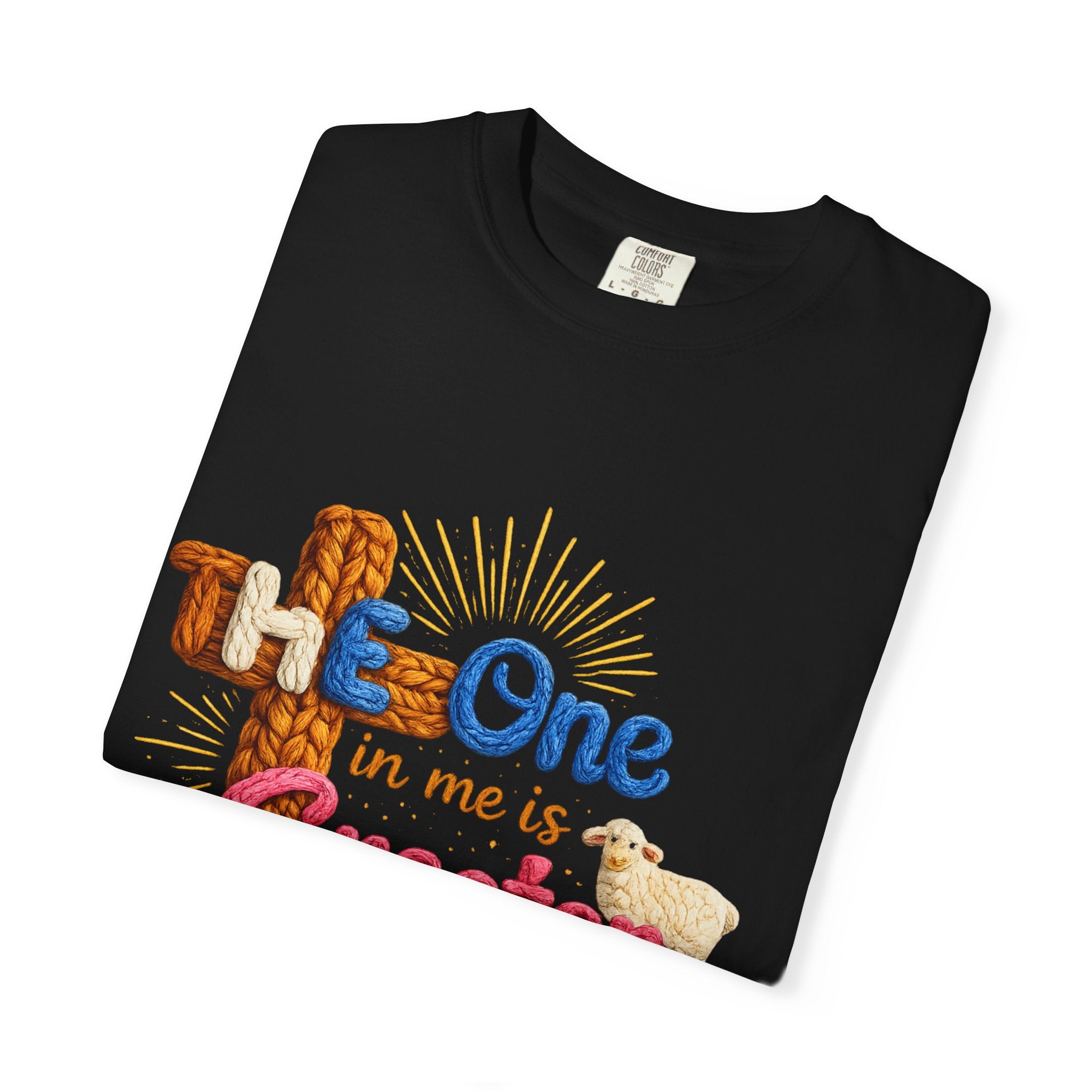 The One in Me Is Greater Shirt – Christian Crochet Style Graphic Tee, Faith Based Inspirational Bible Verse Shirt, Cute Religious Gift for Women