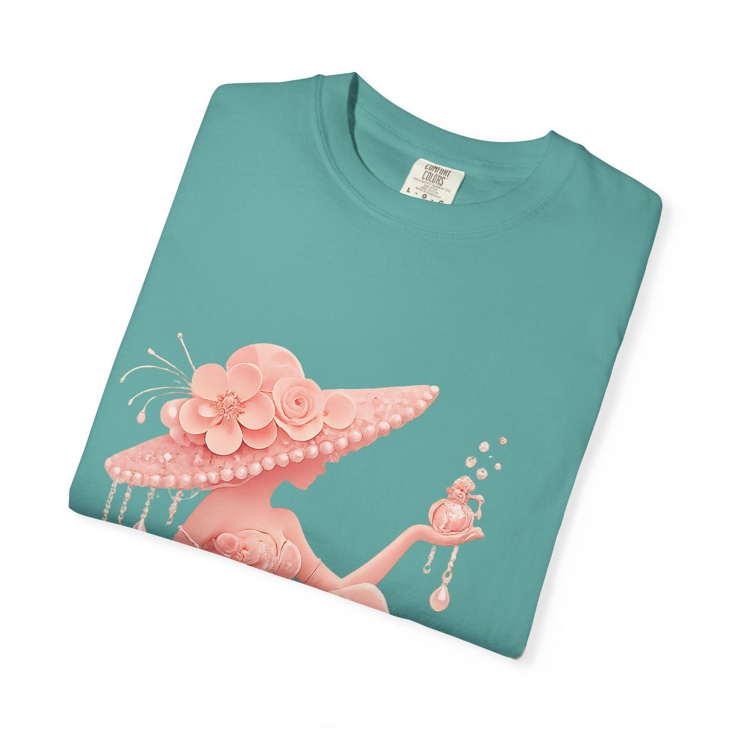 Coquette Floral Lady T-Shirt – Vintage Pink Rose Girl Graphic Tee, Feminine Aesthetic Shirt, Soft Glam Fashion Top for Women