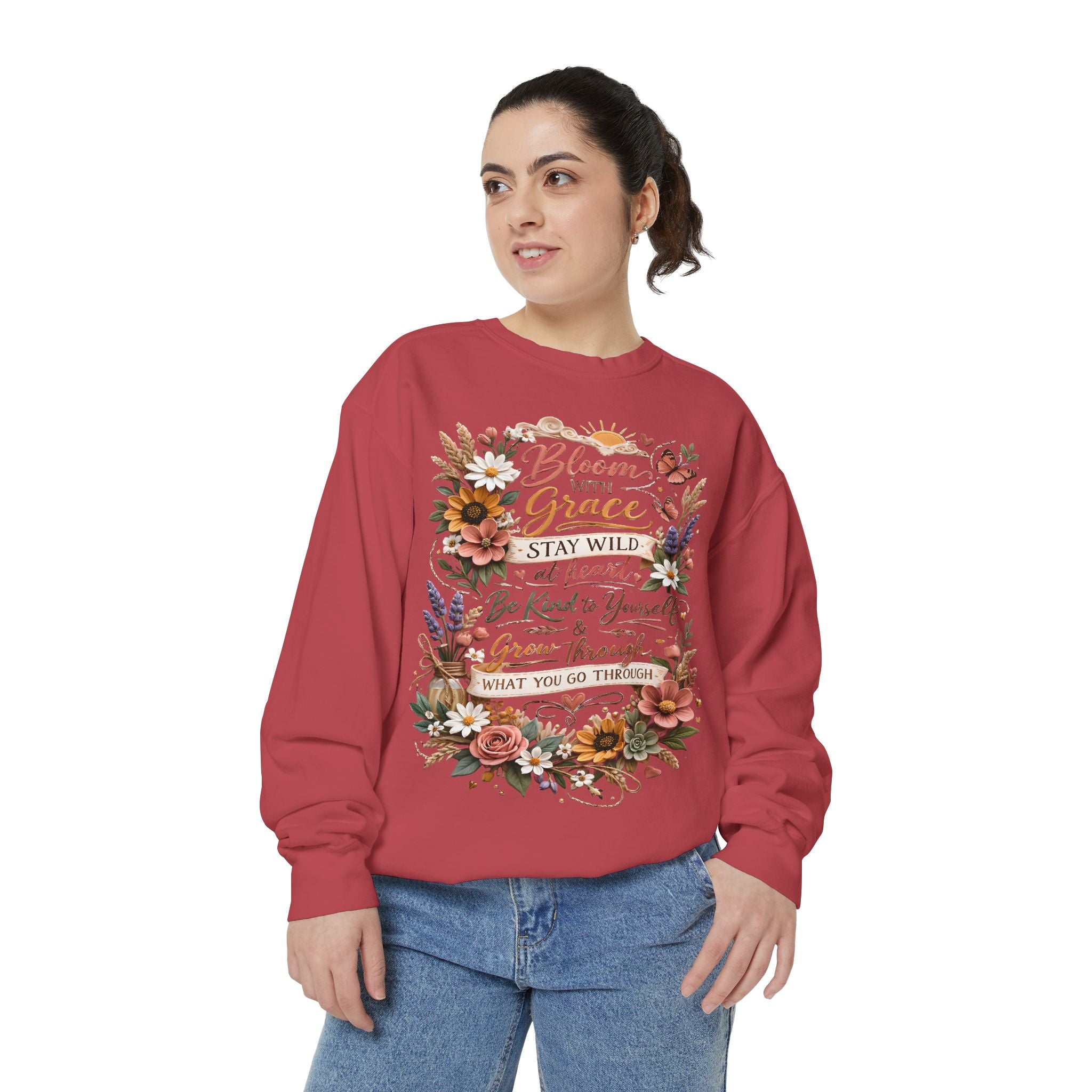 Bloom With Grace Floral Sweatshirt — Inspirational Quote Crewneck