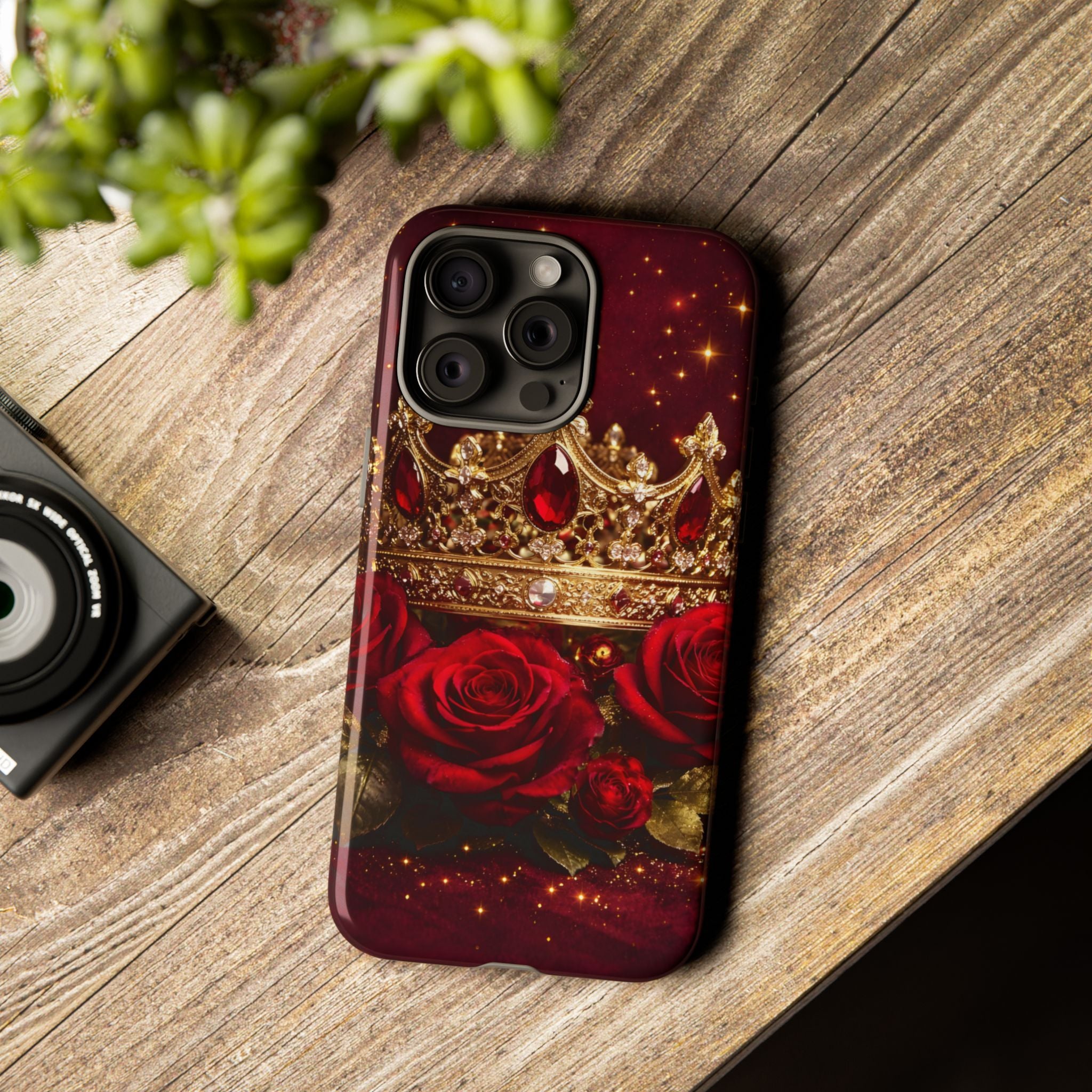 Royal Crown & Red Rose Luxury Phone Case – Gold Crown Burgundy Aesthetic iPhone Case, Regal Queen Floral Phone Cover