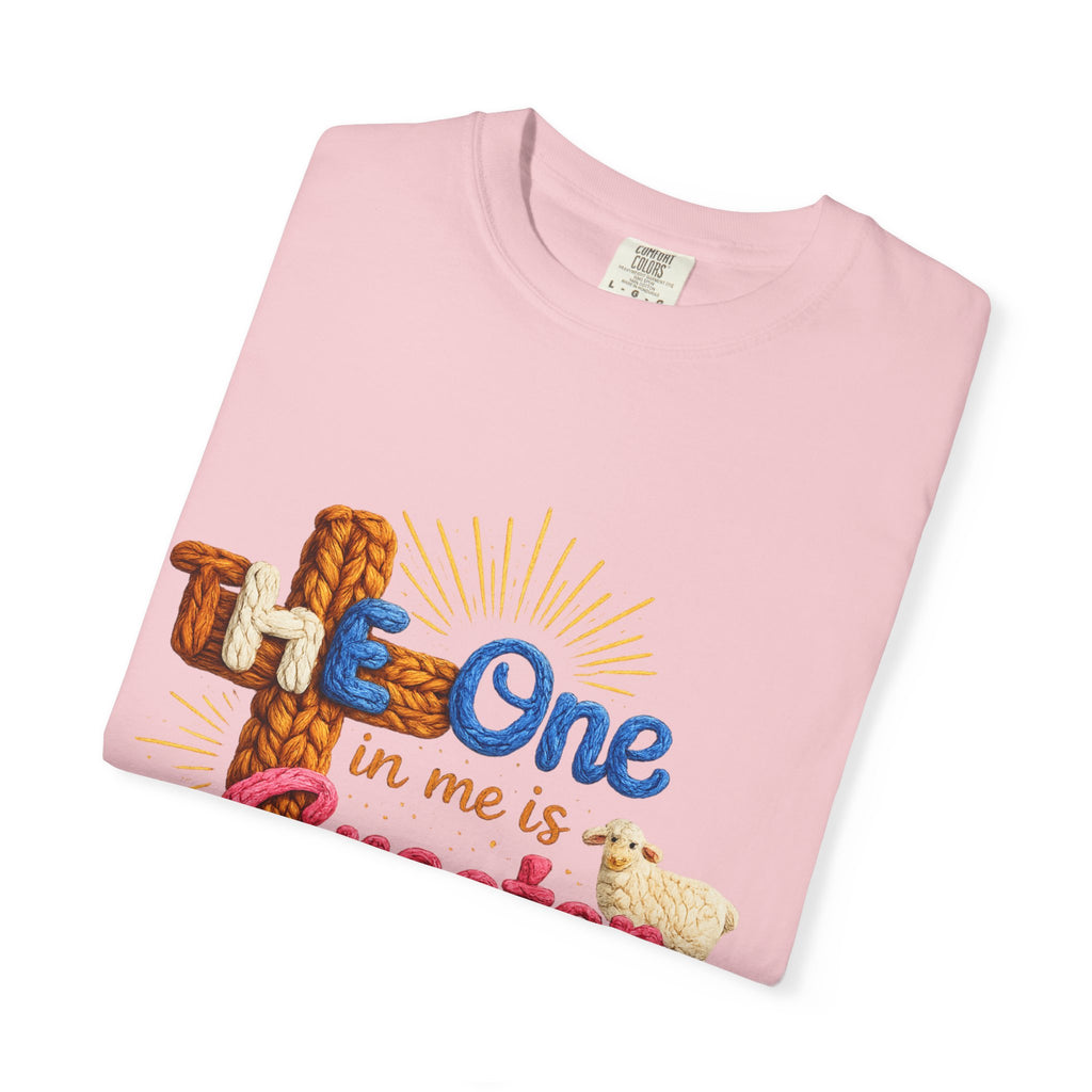 The One in Me Is Greater Shirt – Christian Crochet Style Graphic Tee, Faith Based Inspirational Bible Verse Shirt, Cute Religious Gift for Women