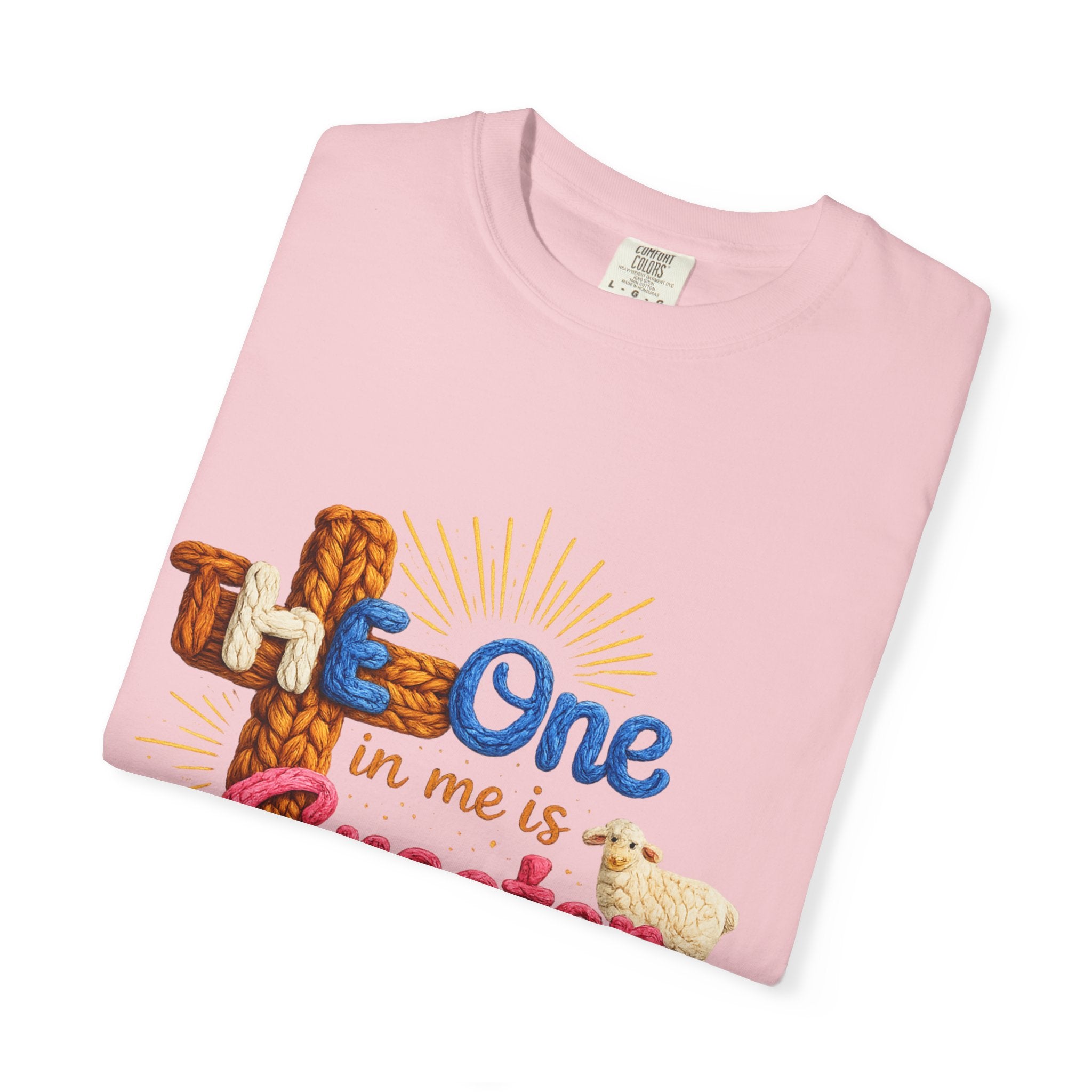 The One in Me Is Greater Shirt – Christian Crochet Style Graphic Tee, Faith Based Inspirational Bible Verse Shirt, Cute Religious Gift for Women
