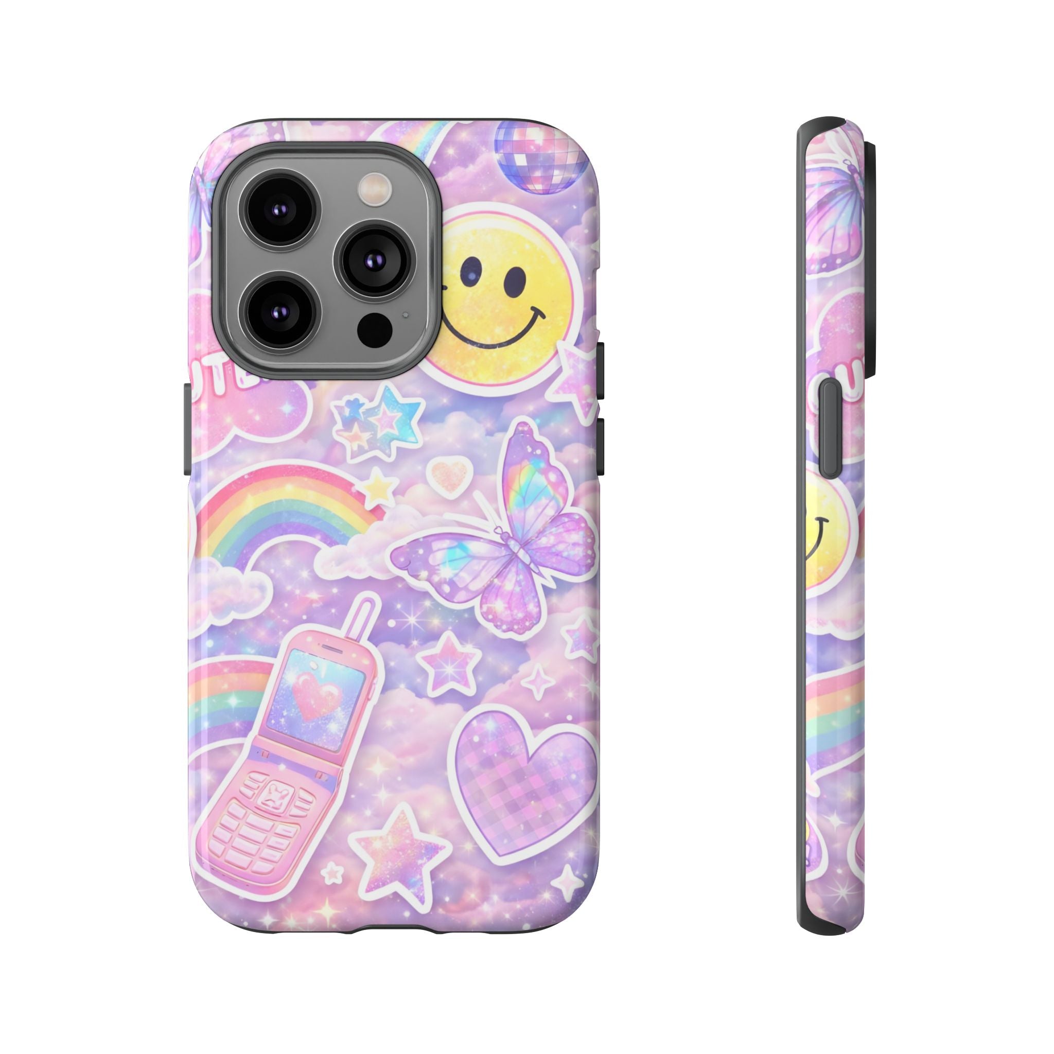 Pastel Y2K Tough Case — Cute Smiley, Rainbow & Butterfly Phone Case