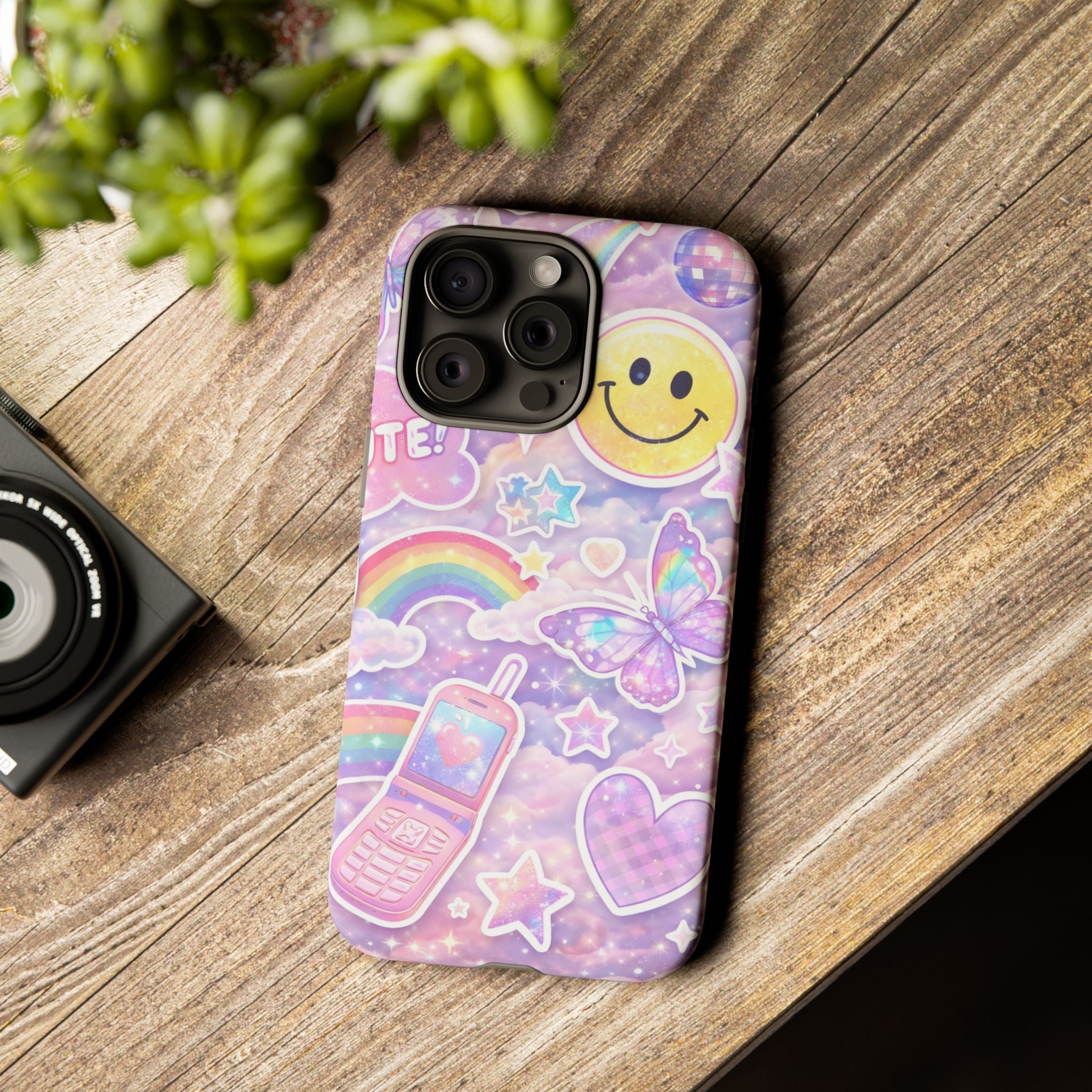 Pastel Y2K Tough Case — Cute Smiley, Rainbow & Butterfly Phone Case