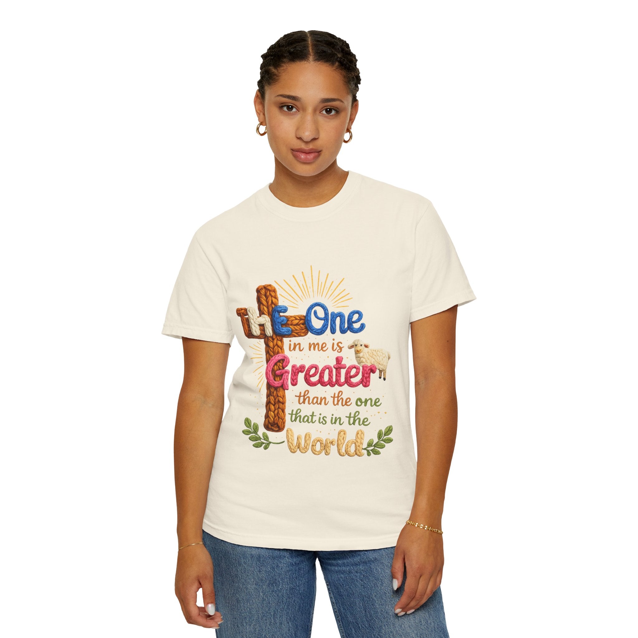 The One in Me Is Greater Shirt – Christian Crochet Style Graphic Tee, Faith Based Inspirational Bible Verse Shirt, Cute Religious Gift for Women