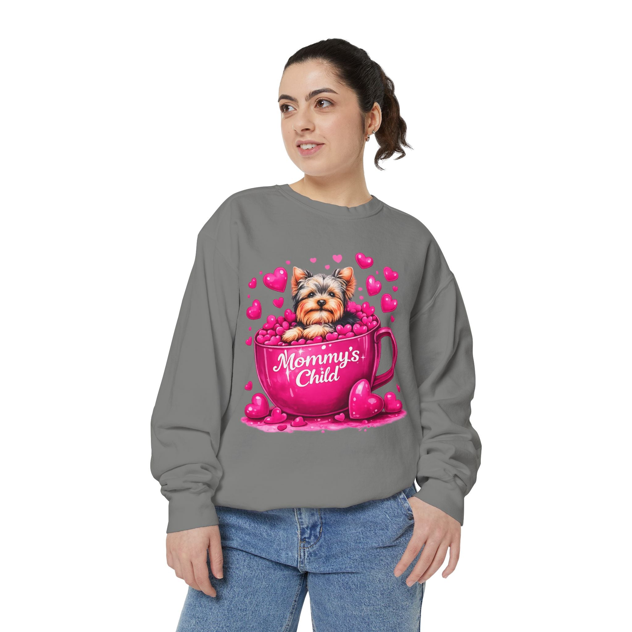 Mommy’s Child Yorkie Shirt – Cute Puppy in Mug Graphic Tee, Dog Lover Gift, Pink Heart Aesthetic, Yorkshire Terrier T-Shirt for Women