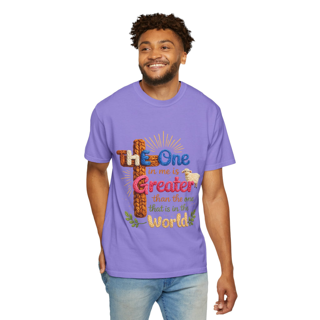 The One in Me Is Greater Shirt – Christian Crochet Style Graphic Tee, Faith Based Inspirational Bible Verse Shirt, Cute Religious Gift for Women