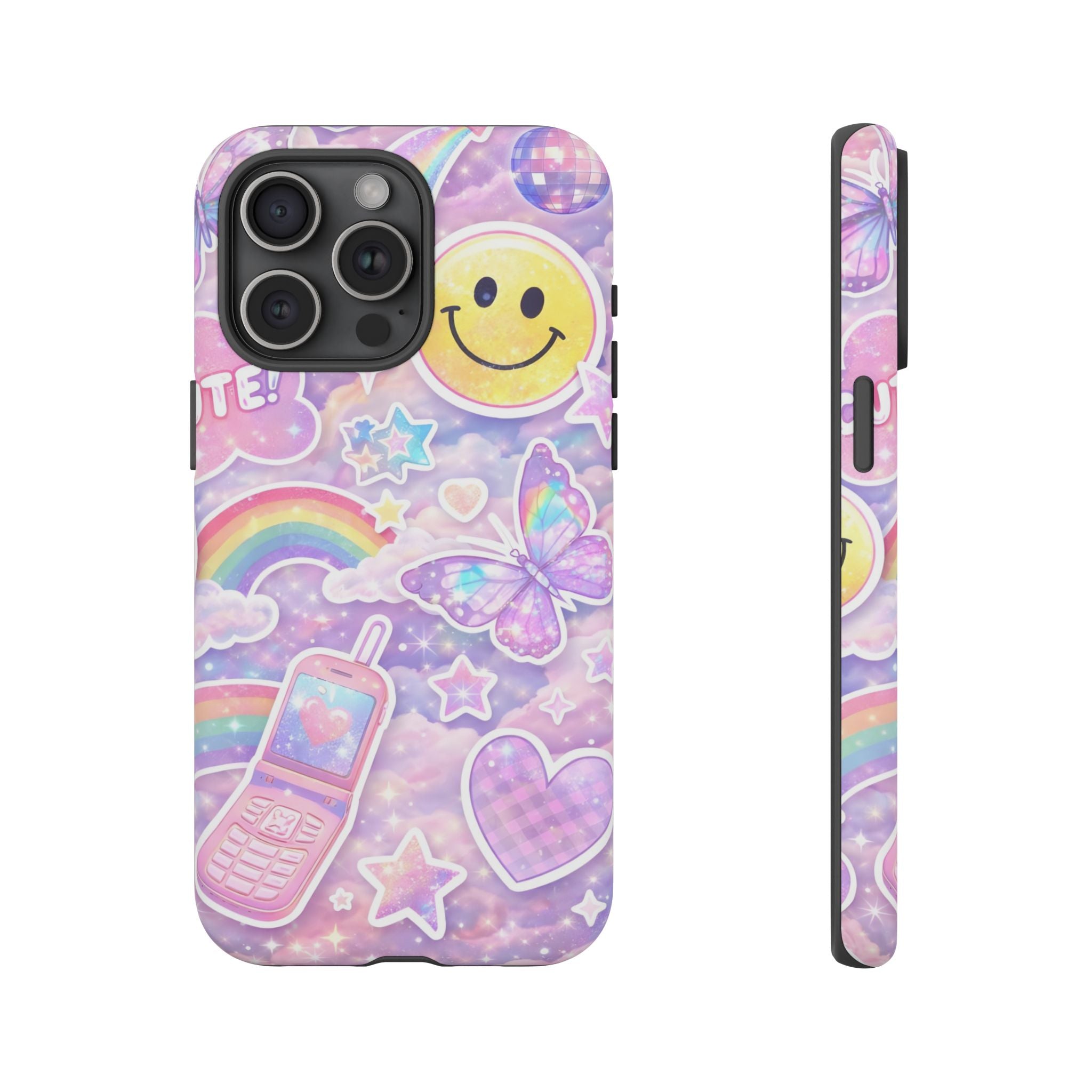 Pastel Y2K Tough Case — Cute Smiley, Rainbow & Butterfly Phone Case