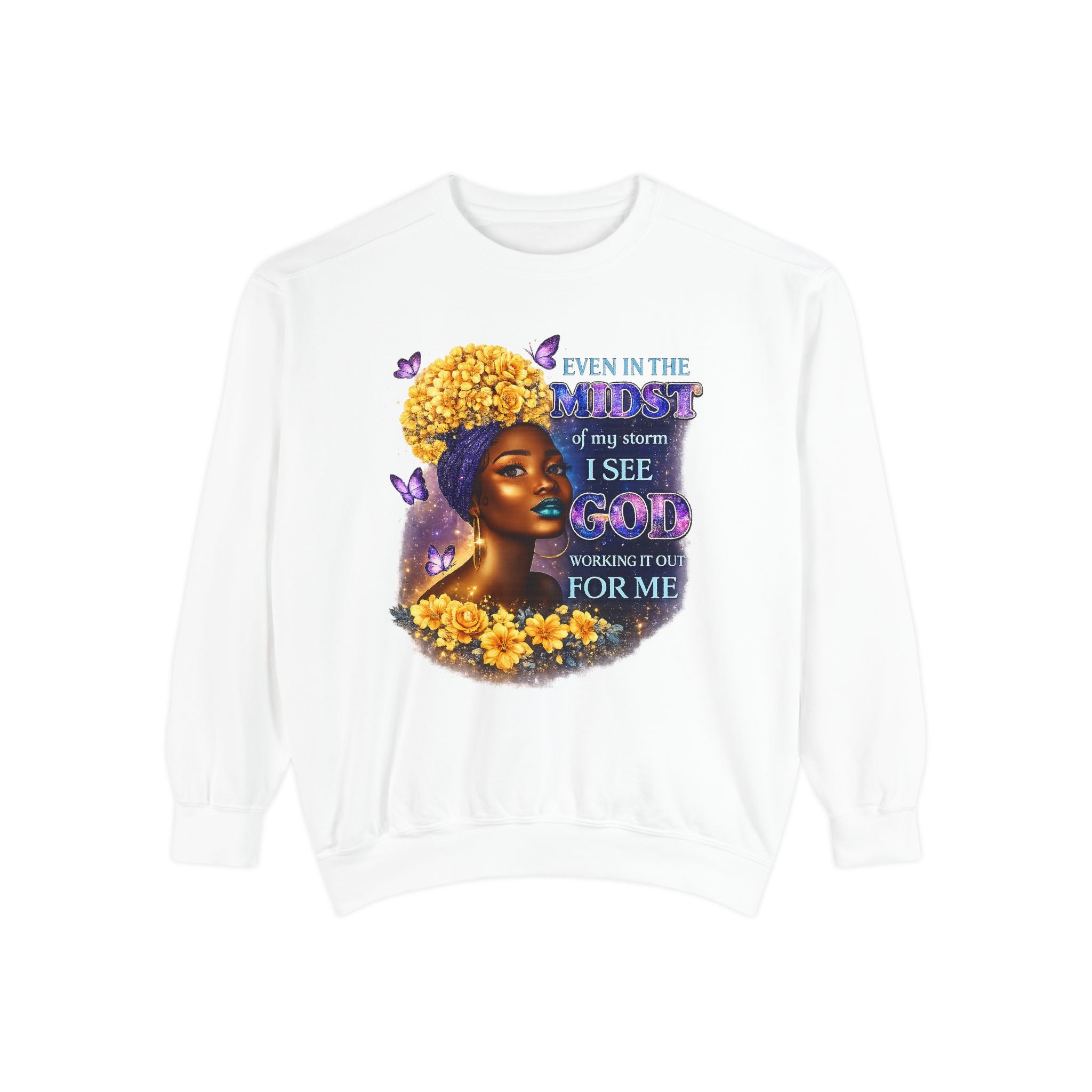 Even In The Midst I See God Sweatshirt – Faith-Based Floral Graphic Crewneck, Inspirational Christian Women’s Sweatshirt, Purple & Gold Aesthetic