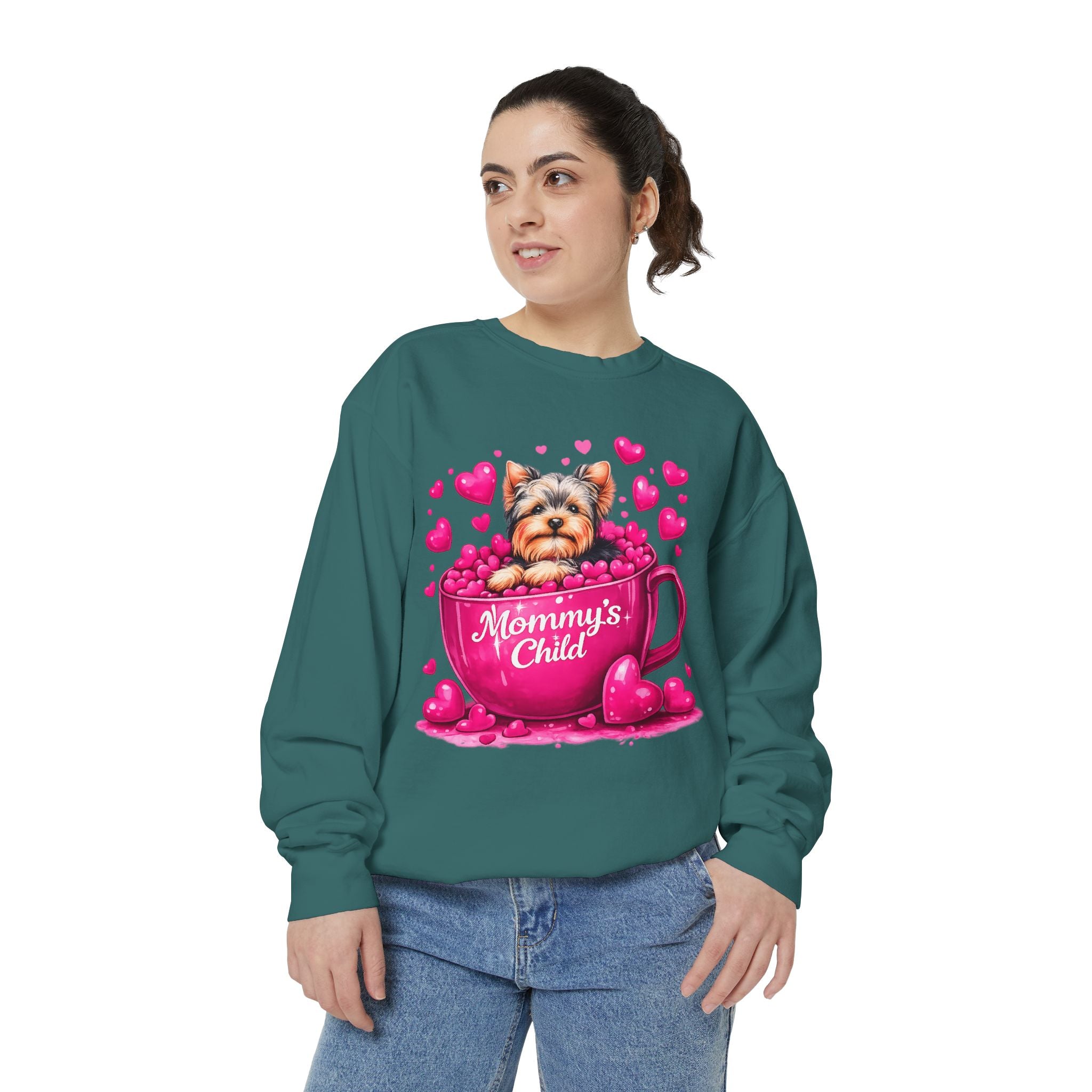 Mommy’s Child Yorkie Shirt – Cute Puppy in Mug Graphic Tee, Dog Lover Gift, Pink Heart Aesthetic, Yorkshire Terrier T-Shirt for Women