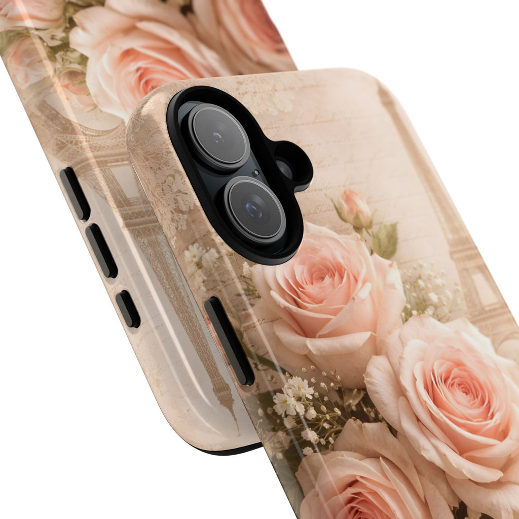 Vintage Parisian Rose Phone Case – Eiffel Tower Floral Aesthetic Luxury iPhone Case, Romantic Antique Paris Phone Cover