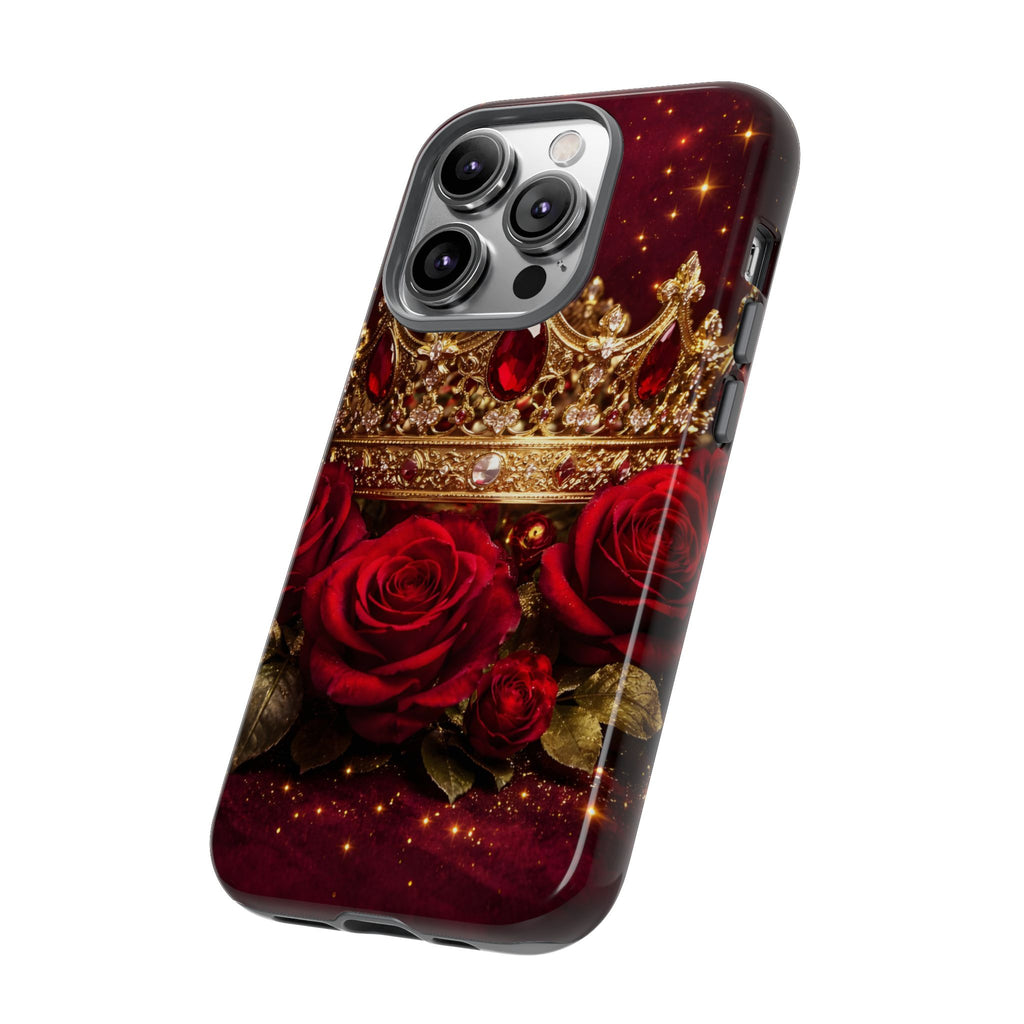 Royal Crown & Red Rose Luxury Phone Case – Gold Crown Burgundy Aesthetic iPhone Case, Regal Queen Floral Phone Cover
