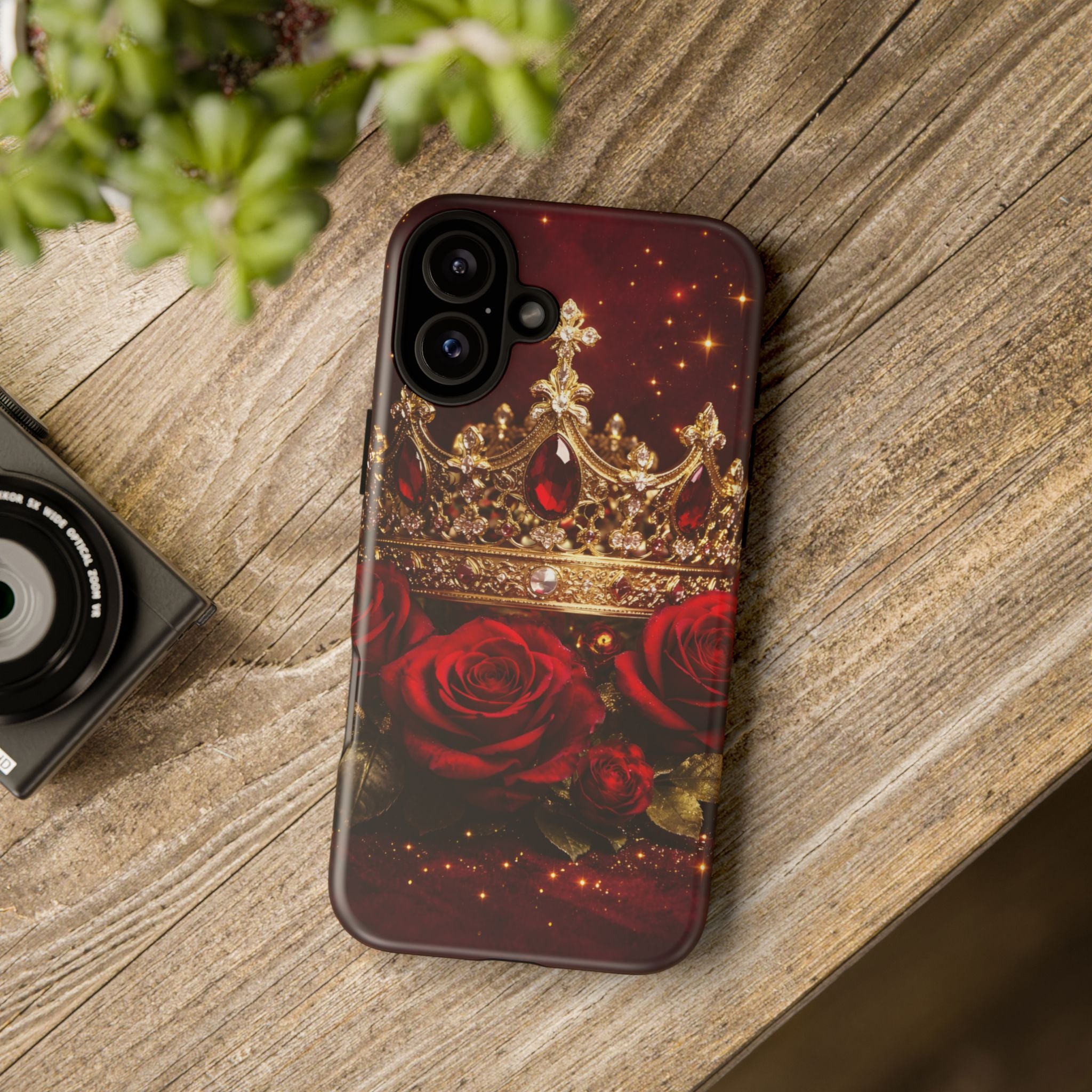 Royal Crown & Red Rose Luxury Phone Case – Gold Crown Burgundy Aesthetic iPhone Case, Regal Queen Floral Phone Cover