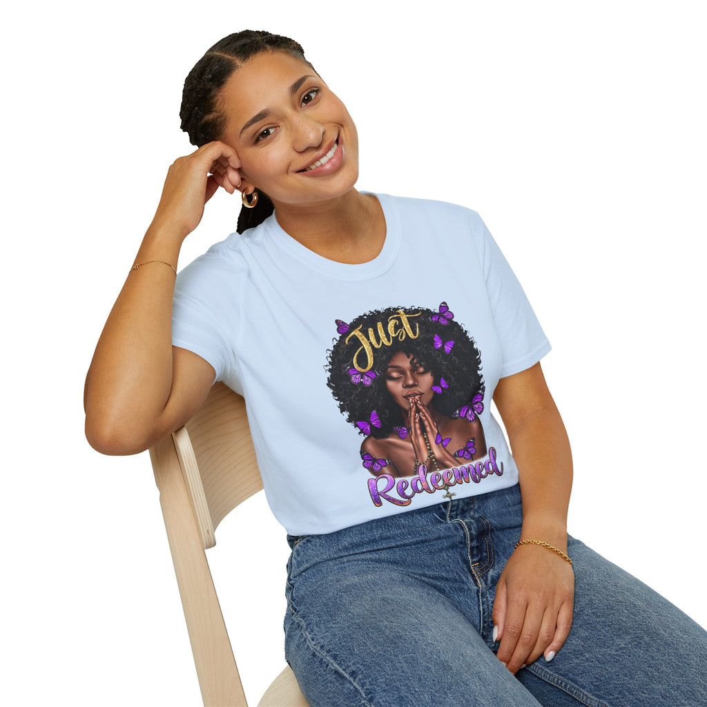Redeemed Christian Afro Woman T-Shirt – Faith-Based Butterfly Design, Inspirational Black Woman Graphic Tee, Spiritual Gift for Women