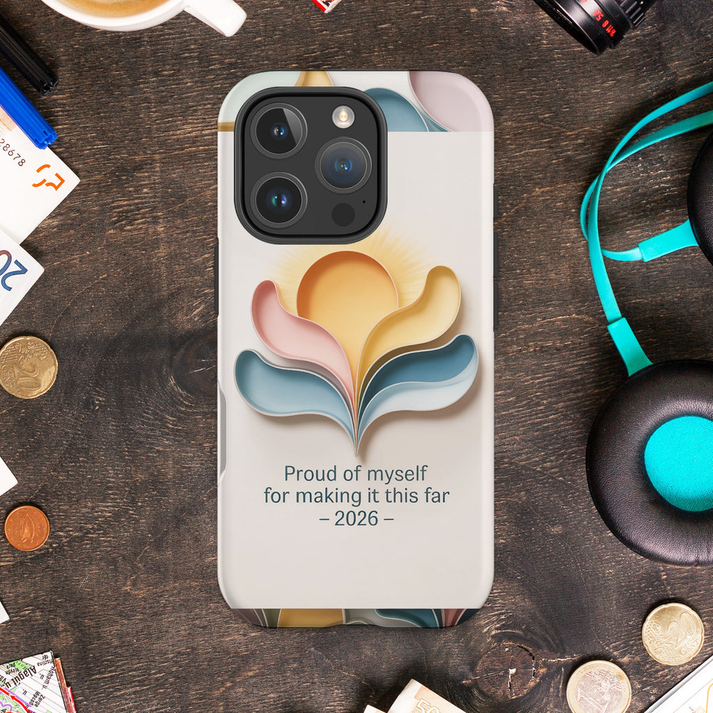 Phone case with abstract floral design and text "Proud of myself".